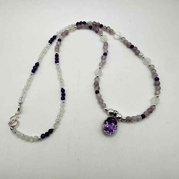 22" Revived moonstone, amethyst beaded and sterling silver necklace! - Picture 9 of 12